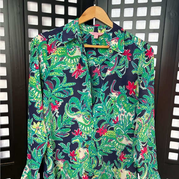 💚 Lilly Pulitzer Green Pink Floral Silk Button Blouse, Flowy XS Like New 💚 - Picture 11 of 16